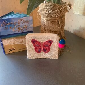 Beaded BUTTERFLY zippered small pouch. 100 percent COTTON, WHITE beaded.